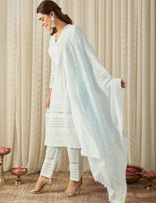 Women Ethnic Motifs Embroidered Thread Work Cotton Kurta with Trousers & With Dupatta 4