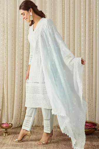 Women Ethnic Motifs Embroidered Thread Work Cotton Kurta with Trousers & With Dupatta