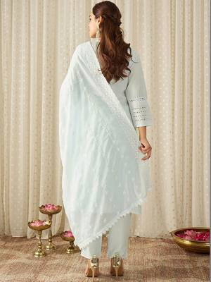 Women Ethnic Motifs Embroidered Thread Work Cotton Kurta with Trousers & With Dupatta 5