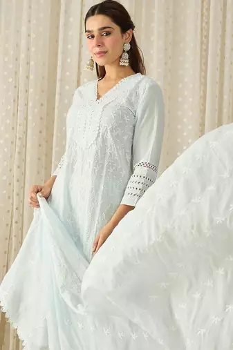 Women Ethnic Motifs Embroidered Thread Work Cotton Kurta with Trousers & With Dupatta