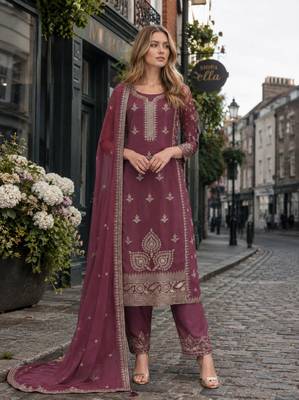 Purple chinon silk suit with embroidery & Sequin work 1