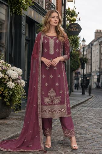 Purple chinon silk suit with embroidery & Sequin work