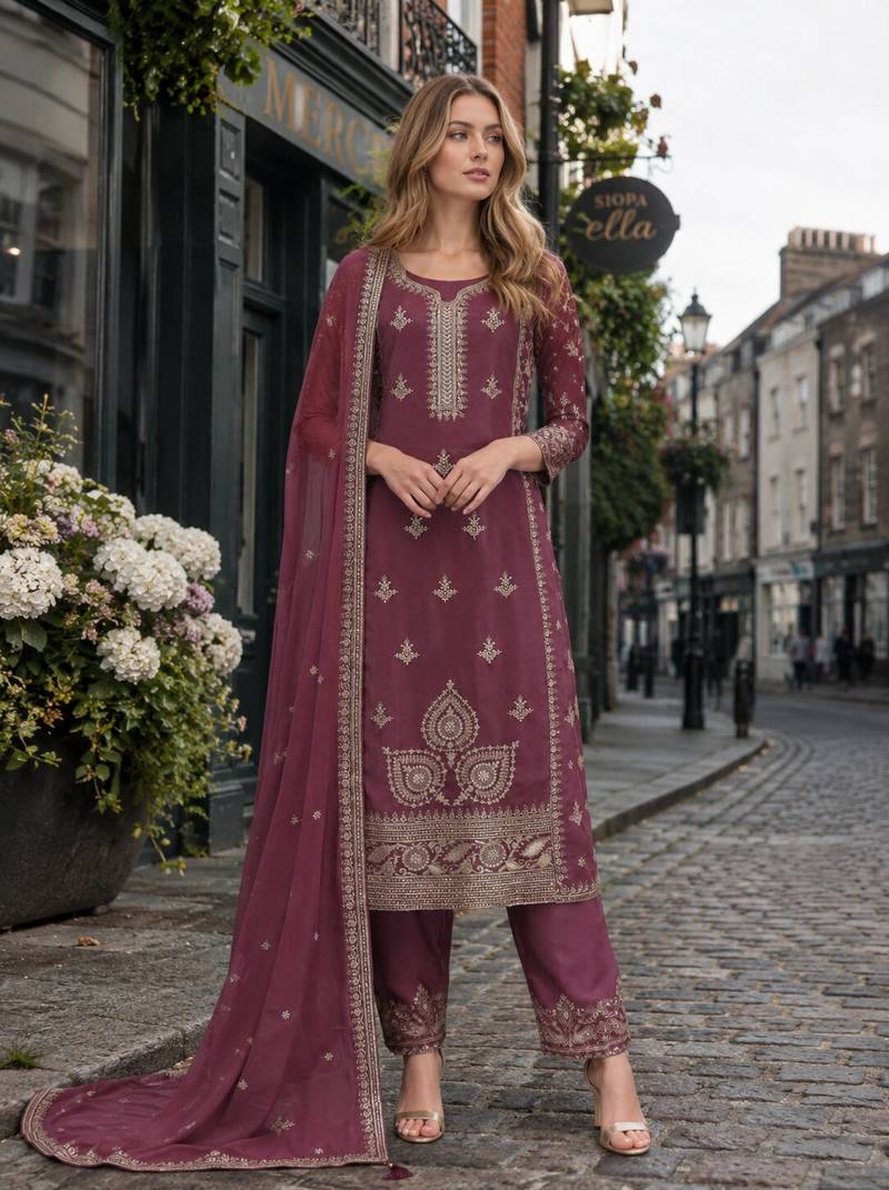 Purple chinon silk suit with embroidery & Sequin work