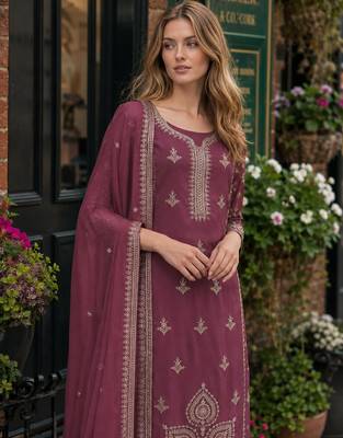 Purple chinon silk suit with embroidery & Sequin work 2