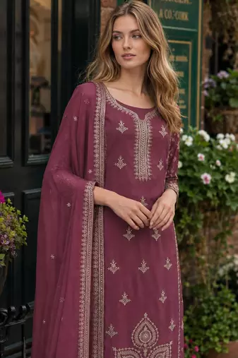 Purple chinon silk suit with embroidery & Sequin work