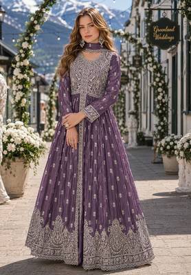 Dark purple chinon with sequence embroidery semi stitched salwar suit 1