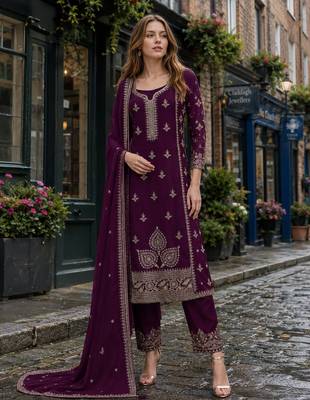 Dark purple chinon silk suit with embroidery & Sequin work 1