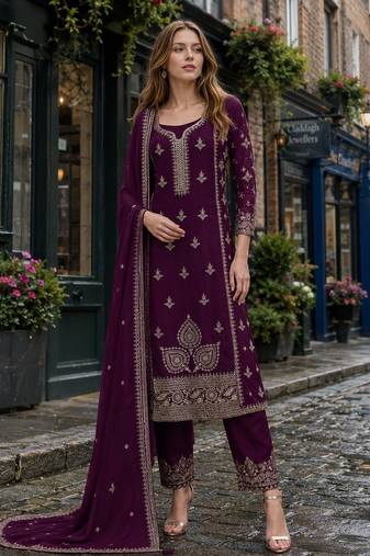 Dark purple chinon silk suit with embroidery & Sequin work