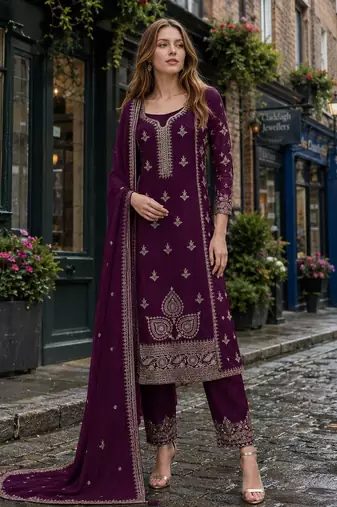 Dark purple chinon silk suit with embroidery & Sequin work