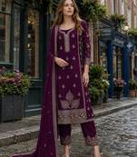 Dark purple chinon silk suit with embroidery & Sequin work
