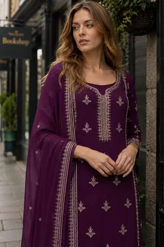Dark purple chinon silk suit with embroidery & Sequin work