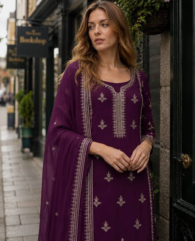 Dark purple chinon silk suit with embroidery & Sequin work