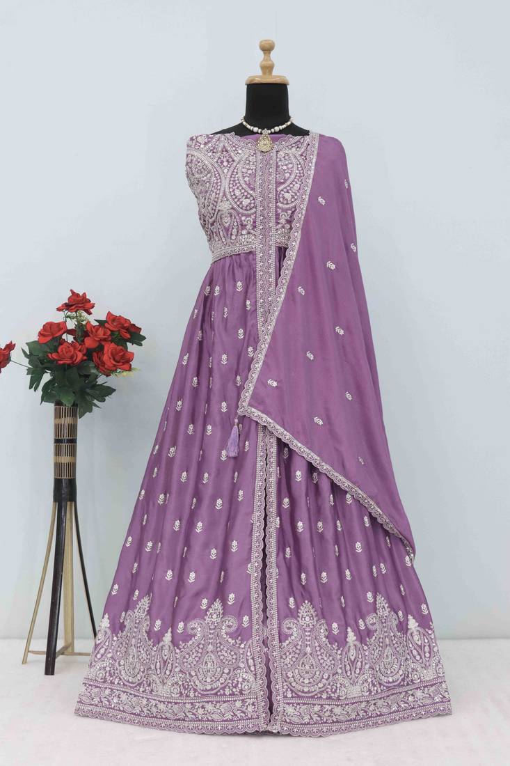 Dark purple chinon with sequence embroidery semi stitched salwar suit