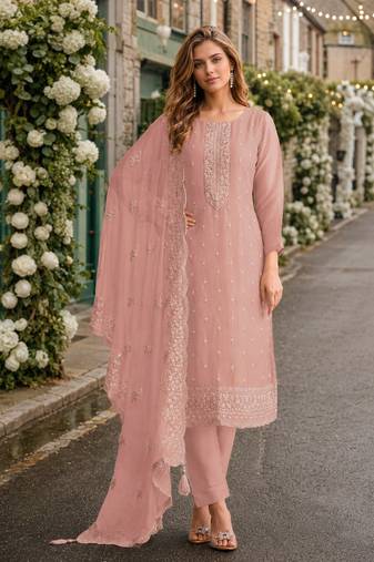 Pink heavy orgenza with embroidery straight salwar suit
