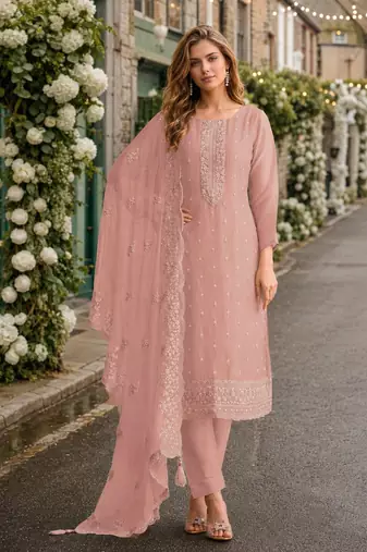 Pink heavy orgenza with embroidery straight salwar suit
