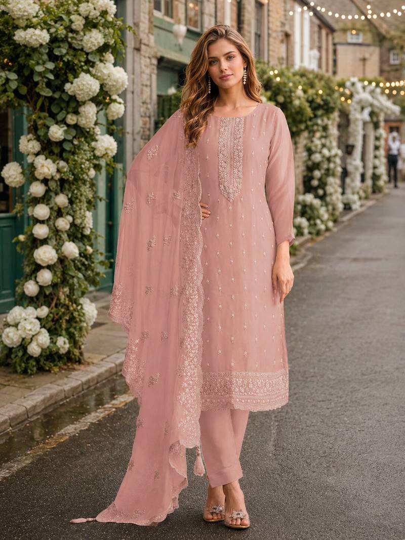 Pink heavy orgenza with embroidery straight salwar suit