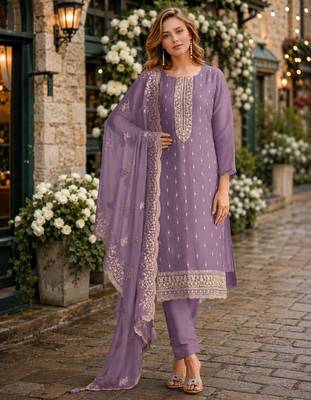 Purple heavy orgenza with embroidery straight salwar suit 1
