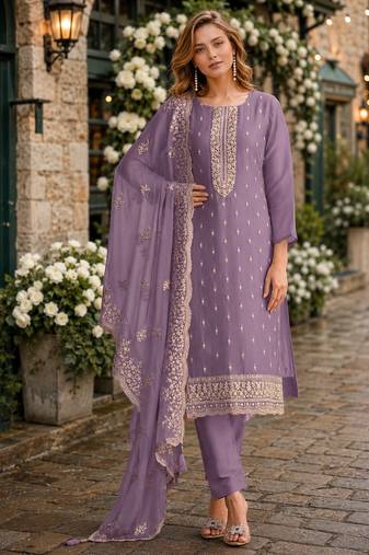 Purple heavy orgenza with embroidery straight salwar suit