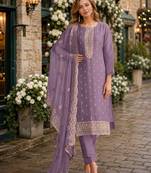 Purple heavy orgenza with embroidery straight salwar suit