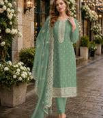 Light teal heavy orgenza with embroidery straight salwar suit