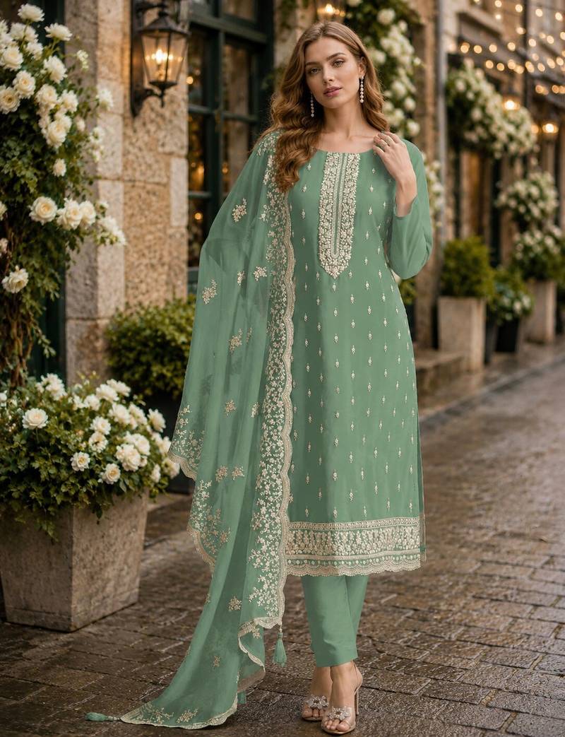 Light teal heavy orgenza with embroidery straight salwar suit