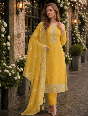 Yellow heavy orgenza with embroidery straight salwar suit 1