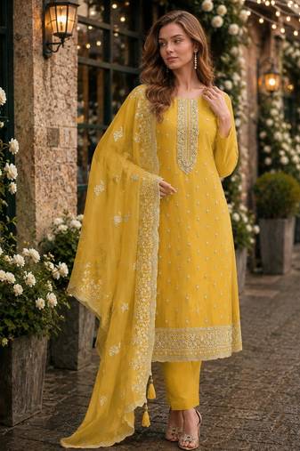 Yellow heavy orgenza with embroidery straight salwar suit