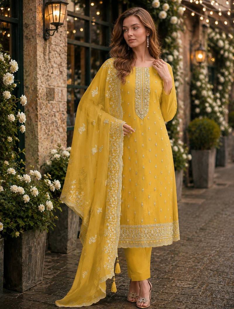 Yellow heavy orgenza with embroidery straight salwar suit