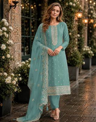 Light blue heavy orgenza with embroidery straight salwar suit 1