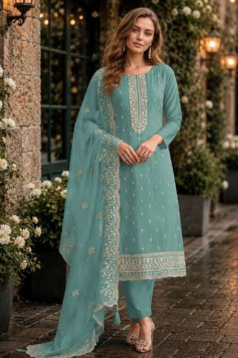 Light blue heavy orgenza with embroidery straight salwar suit