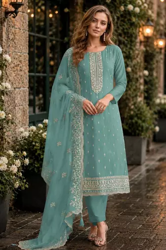 Light blue heavy orgenza with embroidery straight salwar suit