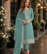 Light blue heavy orgenza with embroidery straight salwar suit