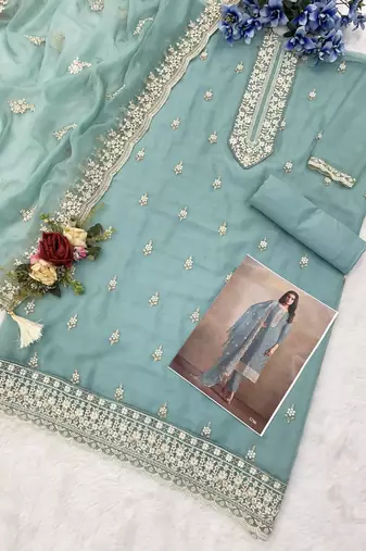 Light blue heavy orgenza with embroidery straight salwar suit