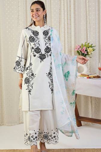 Floral Embroidered Thread Work Cotton Kurta With Palazzos & Dupatta
