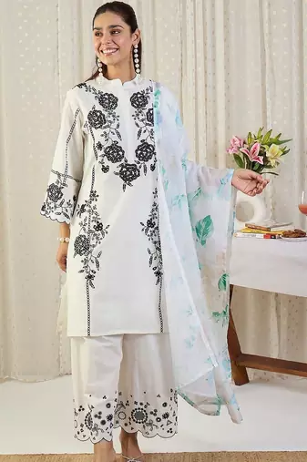 Floral Embroidered Thread Work Cotton Kurta With Palazzos & Dupatta