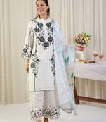 Floral Embroidered Thread Work Cotton Kurta With Palazzos & Dupatta
