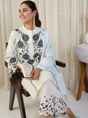 Floral Embroidered Thread Work Cotton Kurta With Palazzos & Dupatta 2