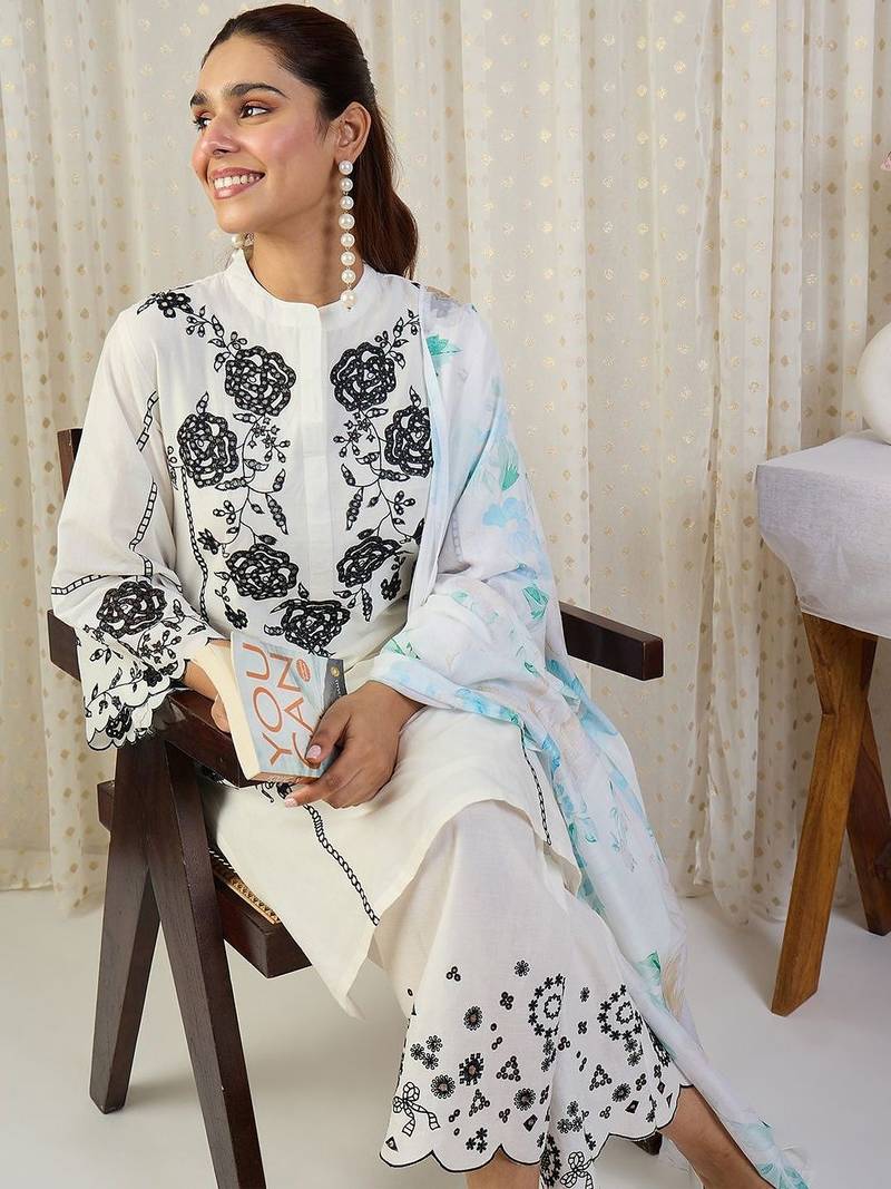 Floral Embroidered Thread Work Cotton Kurta With Palazzos & Dupatta