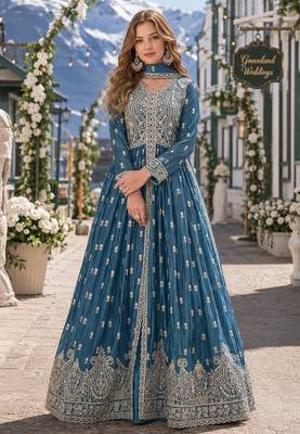 Teal chinon with sequence embroidery semi stitched salwar suit 1