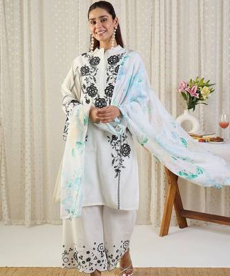 Floral Embroidered Thread Work Cotton Kurta With Palazzos & Dupatta 4
