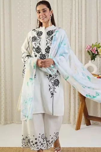 Floral Embroidered Thread Work Cotton Kurta With Palazzos & Dupatta