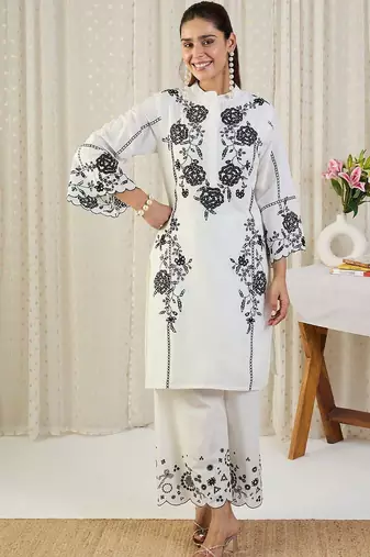 Floral Embroidered Thread Work Cotton Kurta With Palazzos & Dupatta