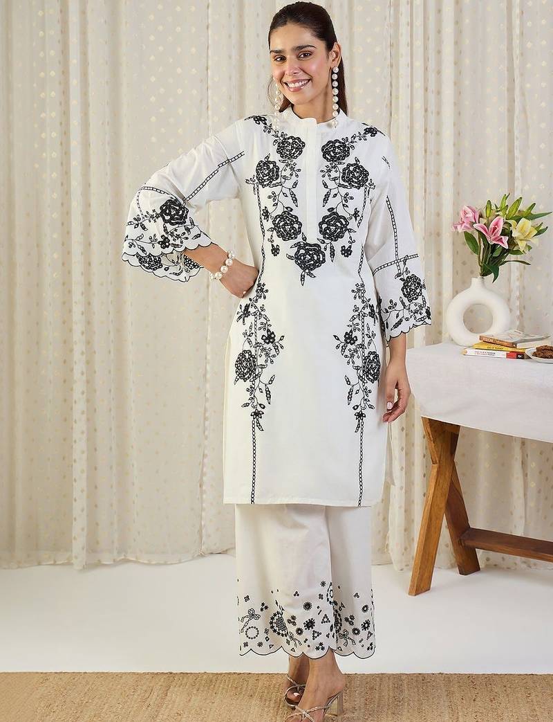 Floral Embroidered Thread Work Cotton Kurta With Palazzos & Dupatta