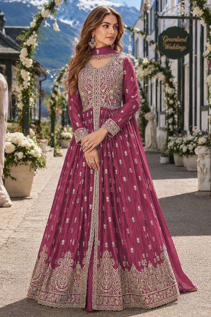 Magenta chinon with sequence embroidery semi stitched salwar suit