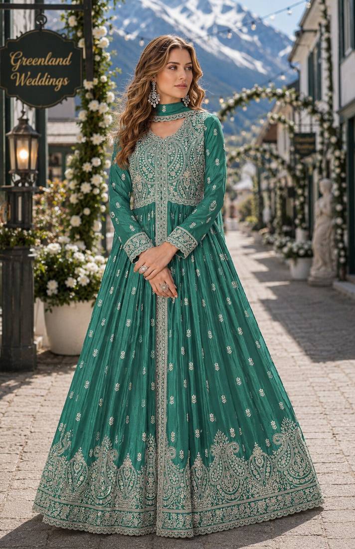 Green chinon with sequence embroidery semi stitched salwar suit