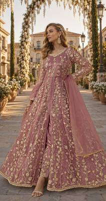 Pink embroidered butterfly net semi stitched anarkali suit 1