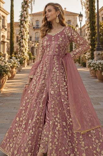 Pink embroidered butterfly net semi stitched anarkali suit