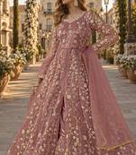 Pink embroidered butterfly net semi stitched anarkali suit