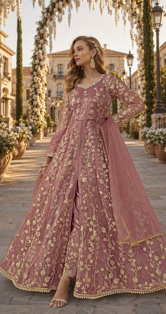 Pink embroidered butterfly net semi stitched anarkali suit