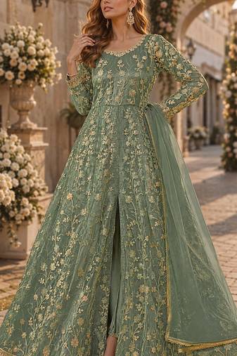 Light green embroidered butterfly net anarkali suit